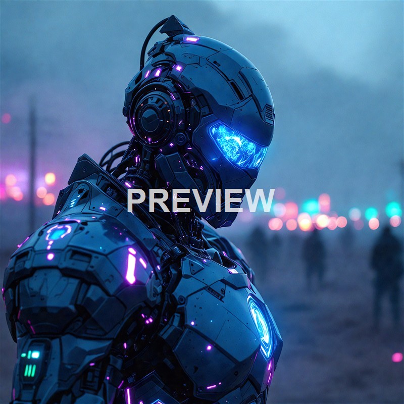A highly detailed, futuristic humanoid robot with glowing blue eyes and illuminated accents, standing against a blurred cityscape background at dusk.